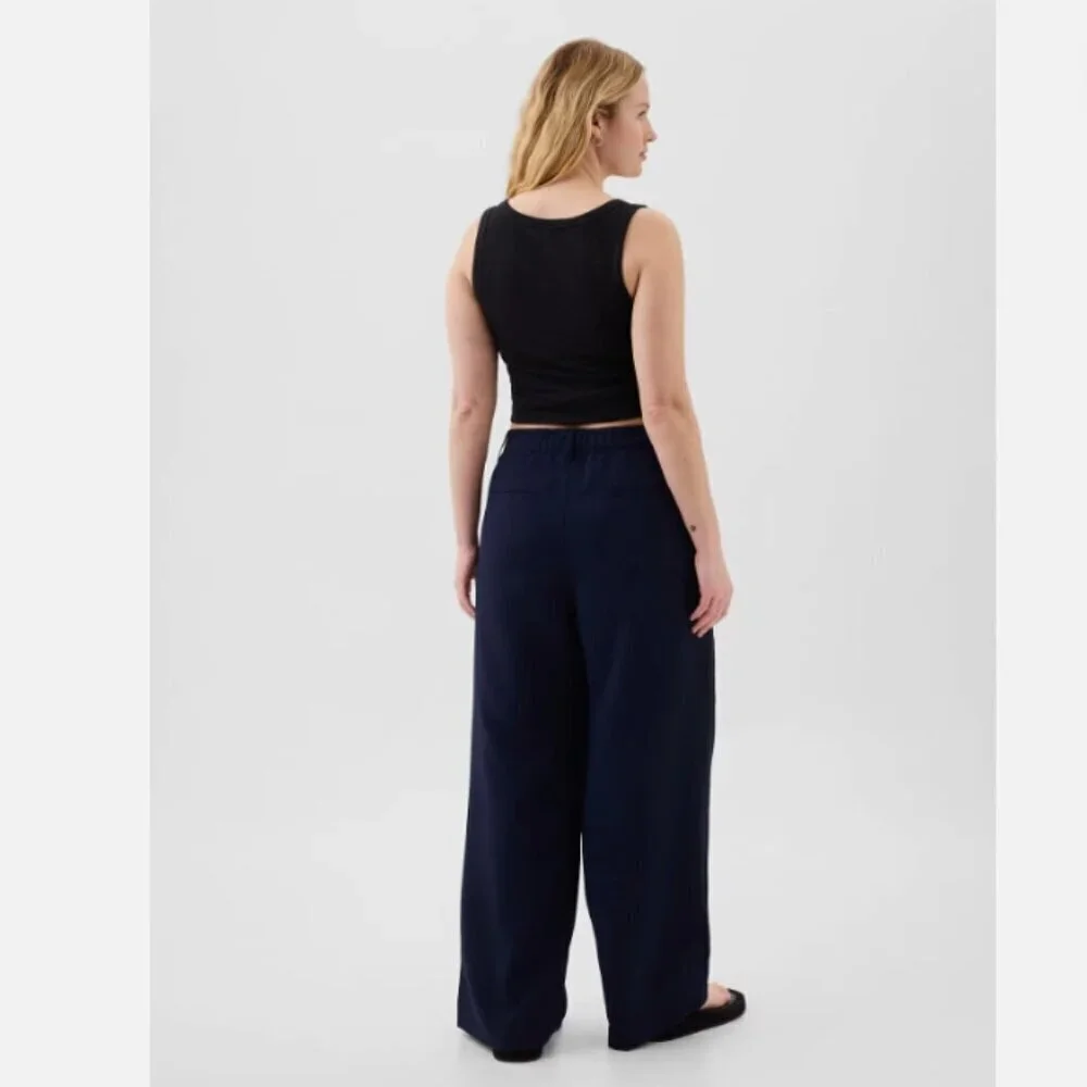 GAP Easy Crepe Drapey PLEATED Navy Blue Loose Straight Pants Size 12 TALL RT$80